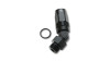 Vibrant black anodized -12AN 45 degree male hose end fitting with matching O-ring, shown at an angle.