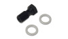 Vibrant black banjo bolt, M8 x 1.0, 20mm length, shown with two metal sealing washers on white background.
