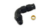 Vibrant black 90 degree AN fitting with 3/8in tube end and male -6AN flare, brass olive insert beside it