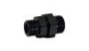 Vibrant -10AN male to male union adapter, black anodized, hex center, threaded ends, side view