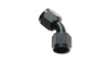 Vibrant black anodized 45 degree female union adapter, -3AN, showing hex nut ends and curved elbow body.