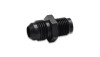 Vibrant black anodized -6AN male flare to inverted flare adapter fitting, hex center, side view