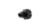 Vibrant male AN to female inverted flare adapter, black anodized aluminum, hex body, side view