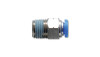 Vibrant male straight push-to-connect fitting, side view showing NPT threads, hex body, and blue tube collet end.