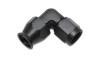 Vibrant -10AN forged aluminum 90 degree hose end, black anodized, both fittings visible from angled side view.