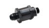 Vibrant fuel pump check valve, -8AN male flare fitting on left, 12mm x 1.5 metric threaded end on right, black anodized hex body