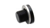 Vibrant M18 x 1.5 aluminum port plug with crush washer, angled view showing threads and hex head