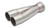 Vibrant stainless steel 2-1 merge collector, dual 1-7/8in inlets tapering to a single 2-1/4in outlet.