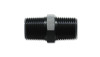 Vibrant 1/2in NPT straight union pipe adapter, black aluminum fitting with hex nut, both threaded ends visible.