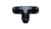 Vibrant -10AN black anodized aluminum flare tee adapter fitting, three way AN union shown at a slight angle