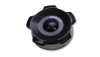 Vibrant 2.75in aluminum weld bung with anodized black threaded cap, angled top view showing knurled grip and O-ring seal