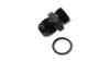 Vibrant -20AN flare to straight thread adapter fitting, black anodized hex body with matching O-ring, angled view.