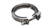 Vibrant stainless steel quick release V-band clamp, front angle view showing T-bolt lever and hinge assembly.