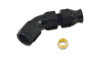 Vibrant 45 degree 3/8in tube to female 6AN adapter, black anodized fitting with brass compression sleeve shown alongside