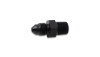 Vibrant BSPT adapter fitting, -3 AN flare end to 1/8in-28 male thread end, black anodized aluminum, side view