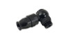 Vibrant black anodized banjo hose end fitting, 90 degree swivel, -6 AN to -6 ORB thread