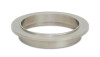 Vibrant titanium v-band flange for 3in OD tubing, male side, angled view showing raised lip and tube bore.