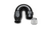 Vibrant -6AN 180 degree elbow hose end fitting, black anodized body with silver crimp collar shown separately.