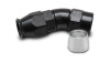 Vibrant -8AN 30 degree hose end fitting for PTFE lined hose, black anodized body with silver aluminum olive insert shown separately.