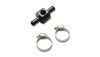 Vibrant black inline barbed union with side NPT port, shown with two stainless hose clamps beside it