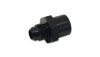 Vibrant M14 x 1.5 female to -6AN male flare adapter in black, hex body with flare fitting visible.
