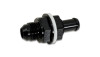 Vibrant bulkhead fuel cell adapter, black anodized, AN male flare fitting on left, barb fitting on right, white washer seal between hex nut and barb.