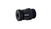 Vibrant black anodized 8 ORB to 1/8 NPT drain valve, angled view showing threaded ends and knurled hex body.