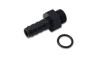 Vibrant black anodized aluminum -6AN ORB to 5/16in hose barb fitting, hex body, with black O-ring beside it