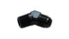 Vibrant -8AN to 3/8in NPT 45 degree elbow adapter fitting, black anodized, AN flare on one end, NPT threads on the other.