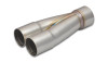 Vibrant 2-1 SS merge collector, stainless dual inlet tubes joining into single tapered outlet, angled view