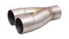 Vibrant 2-1 SS merge collector, dual 2.5in slip-over inlets tapering to single 2.5in outlet, angled view