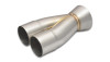 Vibrant 2-1 SS merge collector, dual 2.5in slip-over inlets joining into single 3.5in outlet, brazed seam visible.