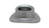 Vibrant saddle style O2 sensor weld bung, T304 stainless, M18x1.5 threaded, angled top view on flat oval base.