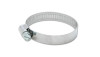 Vibrant stainless steel worm gear hose clamp, front angle view showing perforated band and screw housing