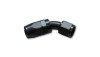 Vibrant -8AN 45 degree elbow hose end fitting, black anodized aluminum, swivel nut on one side.