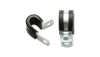 Two Vibrant rubber lined steel cushion clamps for 1-1/4in hose, mounting holes visible, front and side view