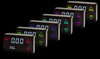 GFB D-Force boost controller units in a row, each display lit in a different color, front angle view