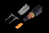 Haltech Air Temp Sensor with 1/8 NPT threaded brass body, connector housing, terminal pins and orange lock