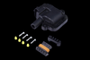 Haltech LS1 coil with built-in ignitor, shown with mounting screws, comb clip, and pin connector kit