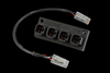 Haltech Elite CAN HUB 4 Port DTM-4 with attached cable and connectors, black plastic housing, top angle view