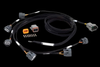 Haltech Elite i6 R35 COP ignition harness, braided cables, connectors, pins and ground terminal shown