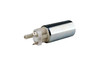 Aeromotive 200 Series fuel pump, angled view showing white inlet housing and connector pins on cylindrical steel body