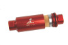 Aeromotive AN-10 in-line fuel filter, red anodized body, visible fabric element and flow arrow, hex fittings on both ends