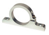 Aeromotive billet filter bracket, angled view, mounting base with two bolt holes and clamp screw