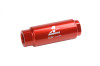 Aeromotive in-line fuel filter, red anodized body, 3/8 NPT ports, flow arrow label, angled view