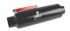 Aeromotive AN-12 in-line fuel filter, black anodized body, red shutoff valve lever, angled side view
