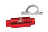 Aeromotive red inline fuel filter with flow arrow and silver billet clamp bracket, side view