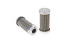 Aeromotive 100 micron SS filter element, two pleated cylinders with metal end caps, upright and angled views