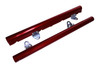 Aeromotive GM LS1/LS6 billet fuel rails, red anodized, top angled view showing mounting brackets