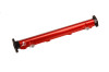 Aeromotive 03-07 Evo Billet Fuel Rail Kit, red anodized rail viewed at an angle showing mounting flanges and injector ports.